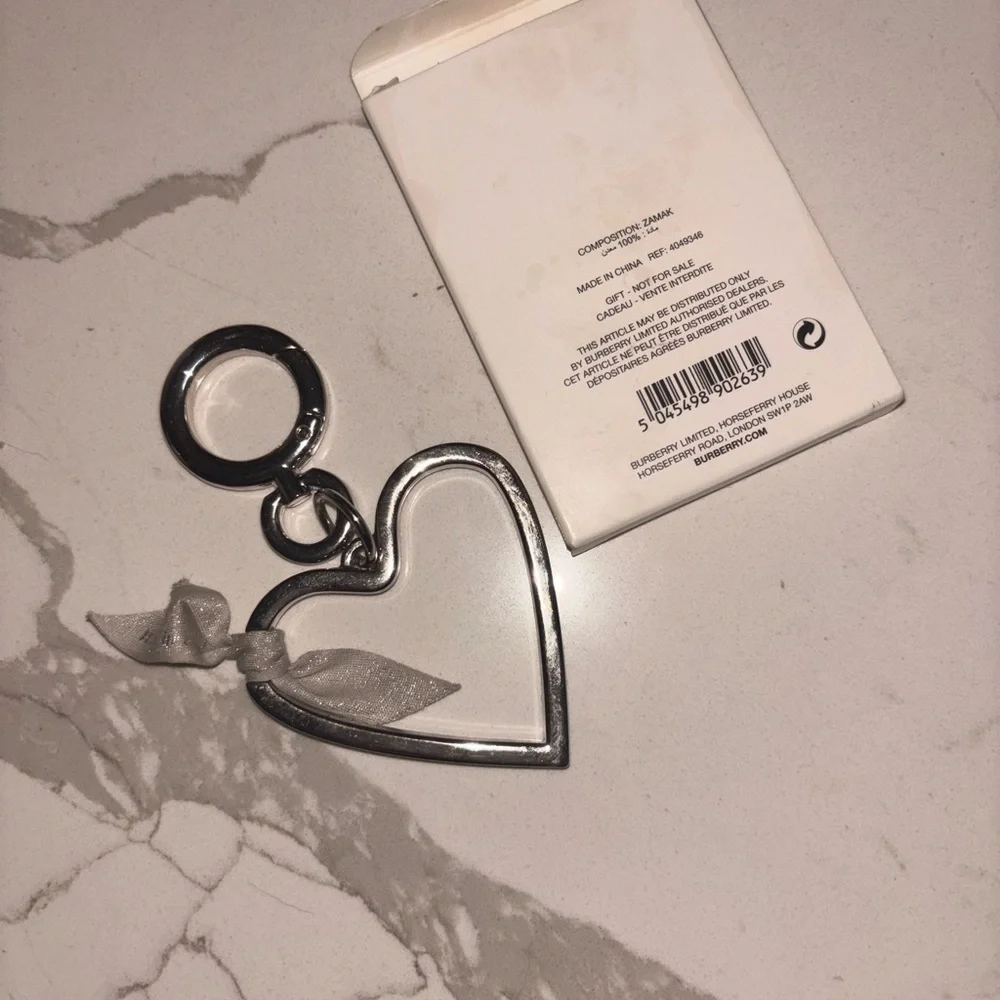 Burberry Silver Heart Keyring with Grey Ribbon
